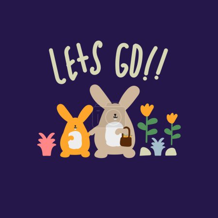Téléchargez les photos : Mignons lapins portant panier de carottes, illustration dessinée à la main pour tissu, textile et imprimé - en image libre de droit