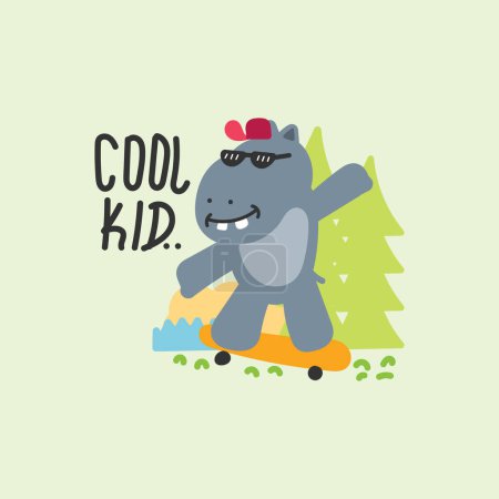 Ilustración de Lindo rinoceronte jugando skateboad, ilustración dibujada a mano para tela, textil e impresión - Imagen libre de derechos