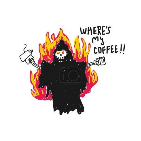 A coffee addict grim reaper vector illustration for for fabric, textile and print