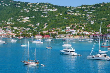 Photo for White boats anchored in the harbor of Charlotte Amalie (from Havensight) at St. Thomas US Virgin Islands - Royalty Free Image