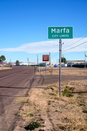 Photo for Marfa, Texas city limits green road sign - Royalty Free Image
