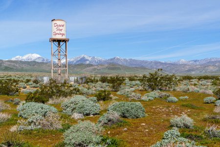 Photo for Desert Hot Springs, California water tower with mountains in the background - Royalty Free Image
