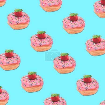 Photo for Pink donuts with sprinkles and a strawberry repeated pattern - Royalty Free Image