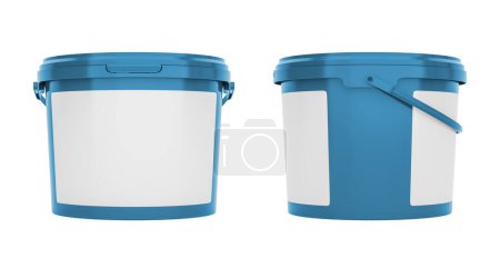 Photo for Blue plastic buckets, containers with handles with blank labels. Front and side view isolated on white background. Realistic product packaging mockup. - Royalty Free Image