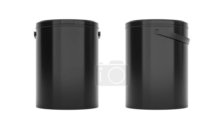 Photo for Black round plastic buckets, containers with handles. Front and side view isolated on white background. Realistic product packaging mockup. - Royalty Free Image