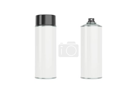 Photo for White spray cans with black caps. Front and side view isolated on white background. Realistic product packaging mockup. - Royalty Free Image