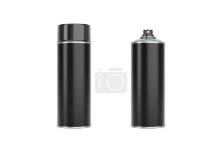 Photo for Black spray cans with black caps. Front and side view isolated on white background. Realistic product packaging mockup. - Royalty Free Image