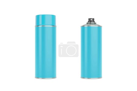 Photo for Blue spray cans with blue caps. Front and side view isolated on white background. Realistic product packaging mockup. - Royalty Free Image
