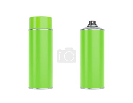 Photo for Green spray cans with green caps. Front and side view isolated on white background. Realistic product packaging mockup. - Royalty Free Image