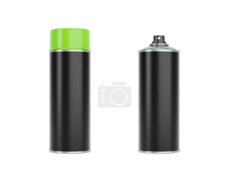 Photo for Black spray cans with green caps. Front and side view isolated on white background. Realistic product packaging mockup. - Royalty Free Image