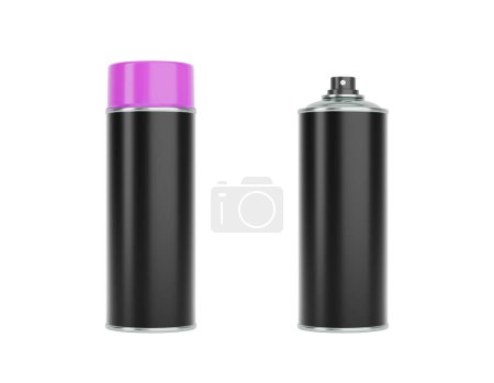 Photo for Black spray cans with magenta caps. Front and side view isolated on white background. Realistic product packaging mockup. - Royalty Free Image