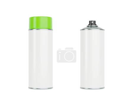 Photo for White spray cans with green caps. Front and side view isolated on white background. Realistic product packaging mockup. - Royalty Free Image