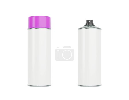 Photo for White spray cans with magenta caps. Front and side view isolated on white background. Realistic product packaging mockup. - Royalty Free Image