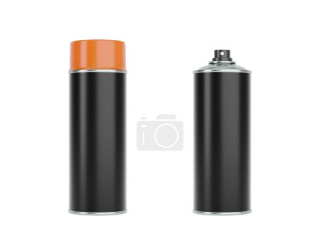 Photo for Black spray cans with orange caps. Front and side view isolated on white background. Realistic product packaging mockup. - Royalty Free Image
