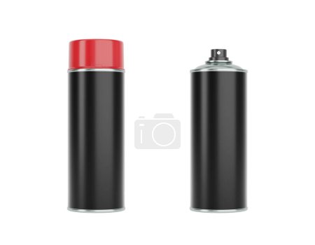 Photo for Black spray cans with red caps. Front and side view isolated on white background. Realistic product packaging mockup. - Royalty Free Image