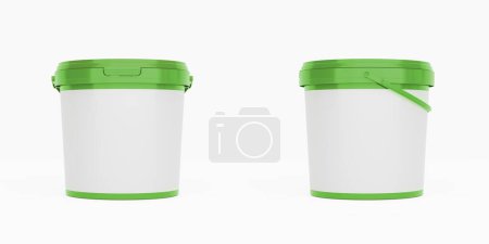 Photo for Green plastic buckets, containers with handles with blank labels. Front and side view isolated on white background. Realistic product packaging mockup. - Royalty Free Image