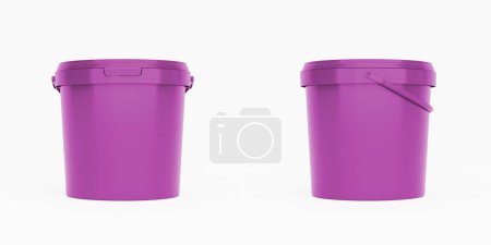 Photo for Magenta plastic buckets, containers with handles. Front and side view isolated on white background. Realistic product packaging mockup. - Royalty Free Image