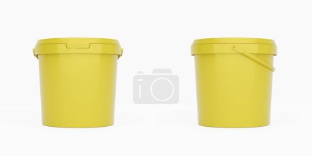 Photo for Yellow plastic buckets, containers with handles. Front and side view isolated on white background. Realistic product packaging mockup. - Royalty Free Image