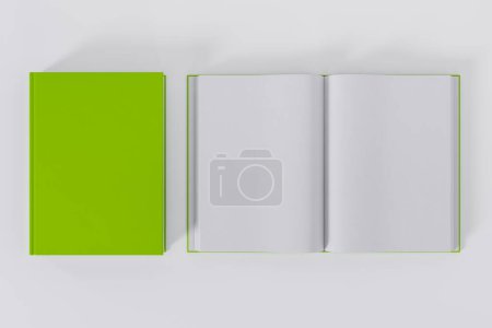 Foto de Libros verdes abiertos y cerrados aislados sobre fondo blanco con espacio de copia - Imagen libre de derechos