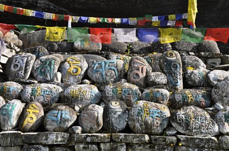 Foto de Detalle de piedras de runas de colores y banderas de oración, Distrito de Manang, Nepal, Asia. Circuito de Annapurna Trek. - Imagen libre de derechos