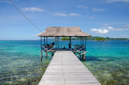 Photo for A pier with thatched roof shelter on the beach at Malenge Island, Togian Islands, Sulawesi, Indonesia. Vibrant colors. Coral reefs in the sea. Blue sky. Tropical paradise. Perfect holidays. - Royalty Free Image