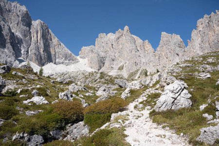 View of Dolomites mountains on the way from Bertihtte to Laghetto Popera. Padola, Italy, Europe.
