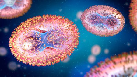Téléchargez les photos : Coupe transversale d'un agent pathogène de la variole avec membrane cellulaire, nucléocapside, paroi cellulaire et glycoprotéines - illustration 3D - en image libre de droit