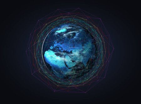 Foto de Azul girando planeta Tierra con una red de comunicación de diferentes colores y satélites a su alrededor - Ilustración 3d - Imagen libre de derechos