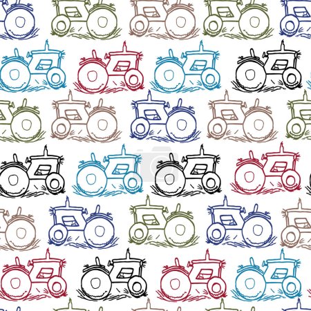 Téléchargez les illustrations : Tracteurs agricoles colorés et moulins à vent, motif sans couture, fond d'impression - en licence libre de droit