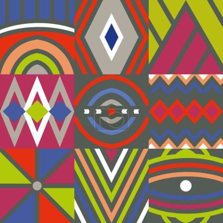 Ilustración de Zulú colorido y formas y elementos, patrón sin costuras, impresión de fondo - Imagen libre de derechos