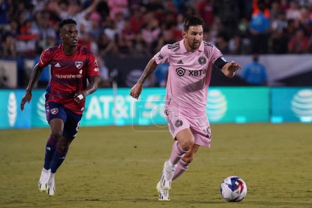 Photo for Frisco, Texas, United States - August 6, 2023: Miami's Miami Lionel Messi in action during the Leagues Cup match between FC Dallas and Inter Miami played at Toyota Stadium - Royalty Free Image