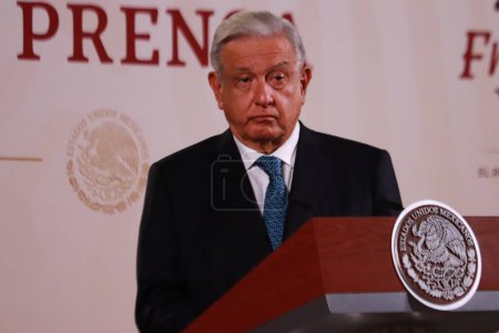 Photo for August 16, 2023, Mexico City, Mexico: President of Mexico, Andres Manuel Lopez Obrador, speaks during the daily briefing  conference in front of reporters at the National Palace. on August 16, 2023 in Mexico City, Mexico. - Royalty Free Image