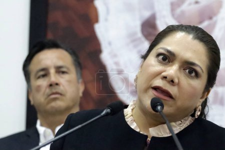 Photo for August 16, 2023, Mexico City, Mexico: The President Magistrate of the Judiciary of the State of Veracruz, Lisbeth Jimenez Aguirre and the Governor of the State of Veracruz, Cuitlahuac Garcia Jimenez during a press conference at the House of Represent - Royalty Free Image
