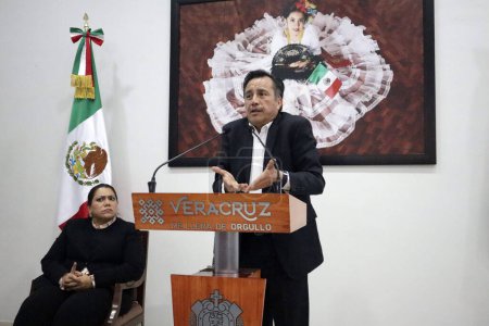 Photo for August 16, 2023, Mexico City, Mexico: The Governor of the State of Veracruz, Cuitlahuac Garcia Jimenez and the President Magistrate of the Judiciary of the State of Veracruz, Lisbeth Jimenez Aguirre during a press conference at the House of the Repre - Royalty Free Image
