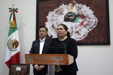 Photo for August 16, 2023, Mexico City, Mexico: The President Magistrate of the Judiciary of the State of Veracruz, Lisbeth Jimenez Aguirre and the Governor of the State of Veracruz, Cuitlahuac Garcia Jimenez during a press conference at the House of Represent - Royalty Free Image