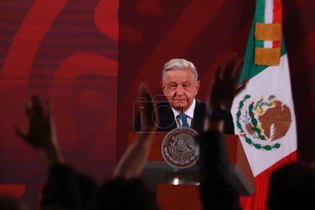 Photo for August 16, 2023, Mexico City, Mexico: President of Mexico, Andres Manuel Lopez Obrador, speaks during the daily briefing  conference in front of reporters at the National Palace. on August 16, 2023 in Mexico City, Mexico. - Royalty Free Image