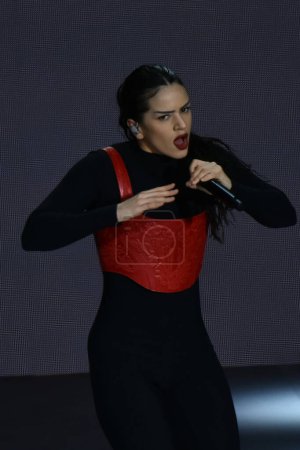Photo for April 28, 2023, Mexico City, Mexico: Spanish Pop music singer Rosalia, 30,  know as "Motomami"  performs on stage during a free concert organized by the Mexico's Government  at Zocalo square. on April 28, 2023 in Mexico City, Mexico. (Photo by Carlos - Royalty Free Image