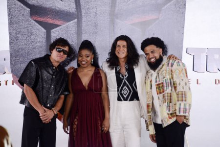 Photo for May 30, 2023, Mexico City, Mexico: (L-R) Anthony Ramos, Dominique Fishbac, Cristo Fernndez, Director Steven Caple Jr. attend the red carpet of the Transformers: Rise of the Beasts  Film Premiere at Cinepolis Perisur, on May 30, 2023 in Mexico City - Royalty Free Image