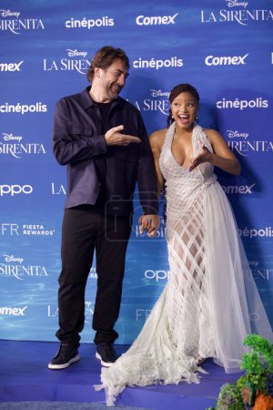 Photo for May 11, 2023, Mexico City, Mexico: Actor Javier Bardem and actress Halle Bailey attend the red carpet of  The little Mermaid film premiere at Toreo Parque Central. on May 11, 2023 in Mexico City, Mexico. (Photo by Julian Lopez/ Eyepix Group) - Royalty Free Image