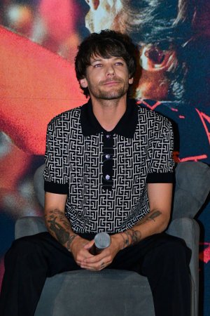 Photo for March 20, 2023, Mexico City, Mexico: British Singer Louis Tomlinson,  gesticulates during a press conference to promote his  the 'All Of Those Voices' documentary at Cinepolis Oasis Coyoacan on March 20, 2023 in Mexico City, Mexico. (Photo by Jaime N - Royalty Free Image