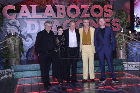 Photo for March 29, 2023, Mexico City, Mexico: (L-R) Jeremy Latcham, Sophia Lillis,Hugh Grant, Chris Pine and Director Jonathan Goldstein  attend the film  the Dungeons and Dragons: Honor Among Thieves film premiere at Cinepolis Plaza Universidad . on March - Royalty Free Image