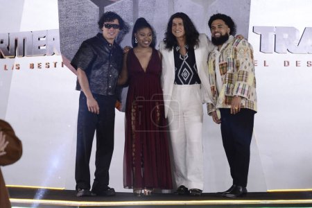 Photo for May 30, 2023, Mexico City, Mexico: (L-R) Anthony Ramos, Dominique Fishbac, Cristo Fernndez, Director Steven Caple Jr. attend the red carpet of the Transformers: Rise of the Beasts  Film Premiere at Cinepolis Perisur, on May 30, 2023 in Mexico City, - Royalty Free Image
