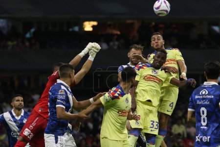 Photo for July 15, 2023, Mexico City, Mexico:  Sebastian Caceres and Julian Quiones of Football Club America, they finish off the ball with their heads against Club Puebla during the America vs Puebla football match of the Opening  tournament 2023 at  Azteca - Royalty Free Image