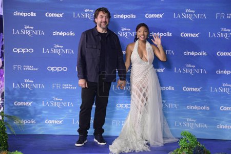 Photo for May 11, 2023, Mexico City, Mexico: Actor Javier Bardem and actress Halle Bailey attend the red carpet of  The little Mermaid film premiere at Toreo Parque Central. on May 11, 2023 in Mexico City, Mexico. (Photo by Eyepix Group) - Royalty Free Image