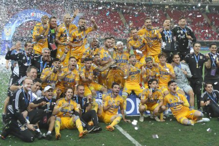 Photo for May 28, 2023, Jalisco, Mexico: Tigres of Nuevo Leon team celebrate posing with the cup as new champion of the   MX League Closing tournament 2023  of Mexican football League at Akron stadium - Royalty Free Image