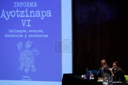 Photo for July 25, 2023, Mexico City, Mexico: Experts Angela Buitrago and Carlos Beristain from the Interdisciplinary Group of Independent Experts and the latter during the VI Report on the Iguala case, at the Tlatelolco University Cultural Center - Royalty Free Image