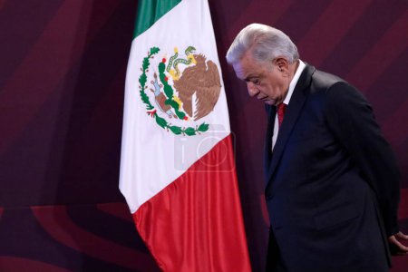 Foto de 14 de agosto de 2023, Ciudad de México, México: El Presidente de México, Andrés Manuel López Obrador, en la conferencia de prensa en el Palacio Nacional de la Ciudad de México - Imagen libre de derechos