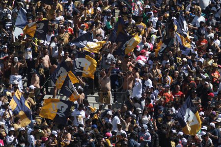 Foto de 5 de febrero de 2023 en Ciudad de México, México: Los fanáticos de Pumas celebran el gol durante el partido de fútbol Pumas vs Atlas del torneo de clausura 2023 en el Estadio Olímpico Universitario. el 5 de febrero de 2023 en Ciudad de México, México - Imagen libre de derechos