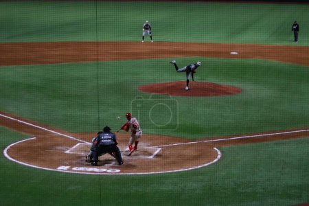 Photo for May 16, 2023 in Mexico City, Mexico: Moises Gutierrez #61 of Diablos Rojos in action during the match 1 of the series between the Tecolotes de los 2 Laredos and the Diablos Rojos del Mexico, at  Alfredo Harp Helu stadium - Royalty Free Image