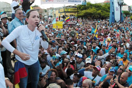 Photo for August 11, 2023, Marcaibo, Venezuela: Maria Corina Machado, the flagship of the  party  Vente Venezuela, addresses her supportters during a rally to aspire to be the candidate of the opppssition, that seeks to evic Socalist President Nicolas Maduro - Royalty Free Image
